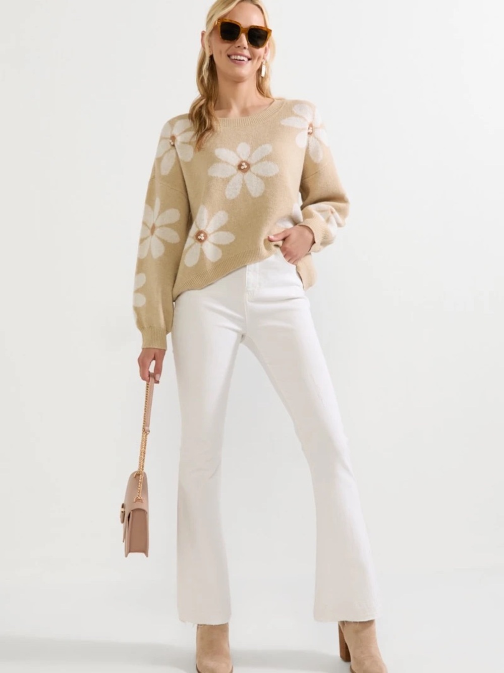 Francesca's Collections Cream Floral Crewneck Sweater
